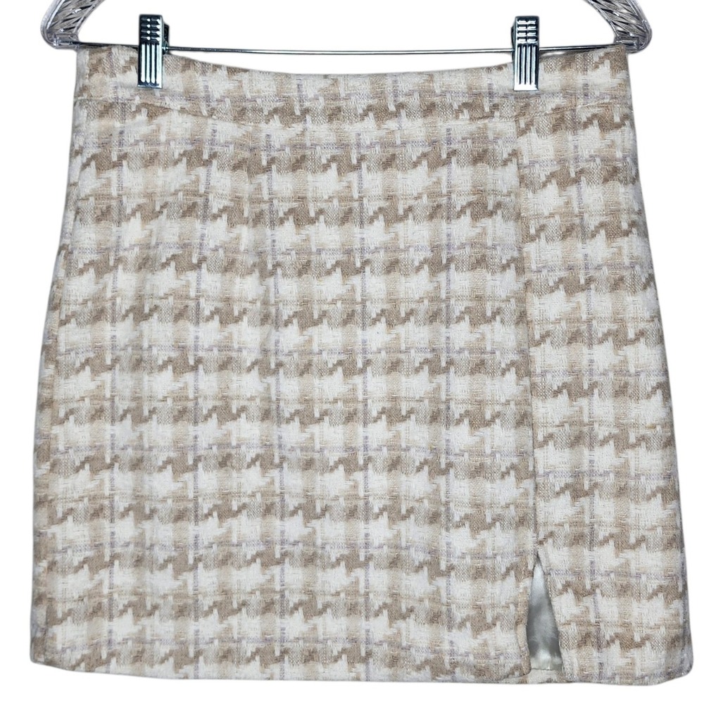Entro Tan Houndstooth Tweed Mini Skirt with Front Slit Size L - Picture 3 of 9